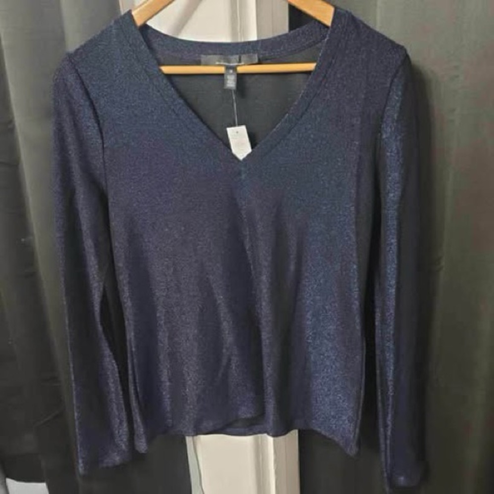 White House Black Market Navy Shimmer V-Neck Long Sleeve Top